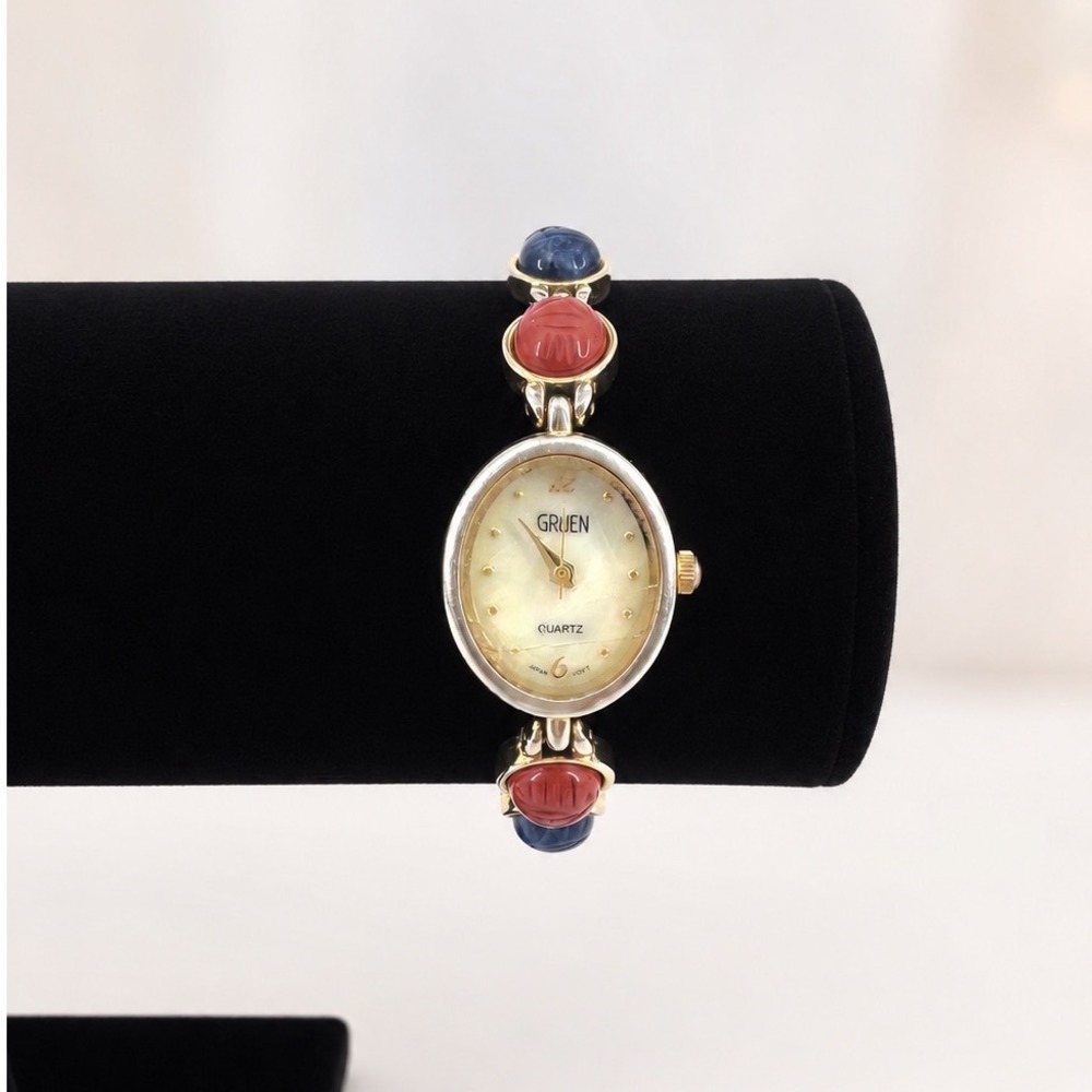 Vintage Gruen Scarab Gemstone Bracelet Watch Women's Multicolor New Battery *SEE
